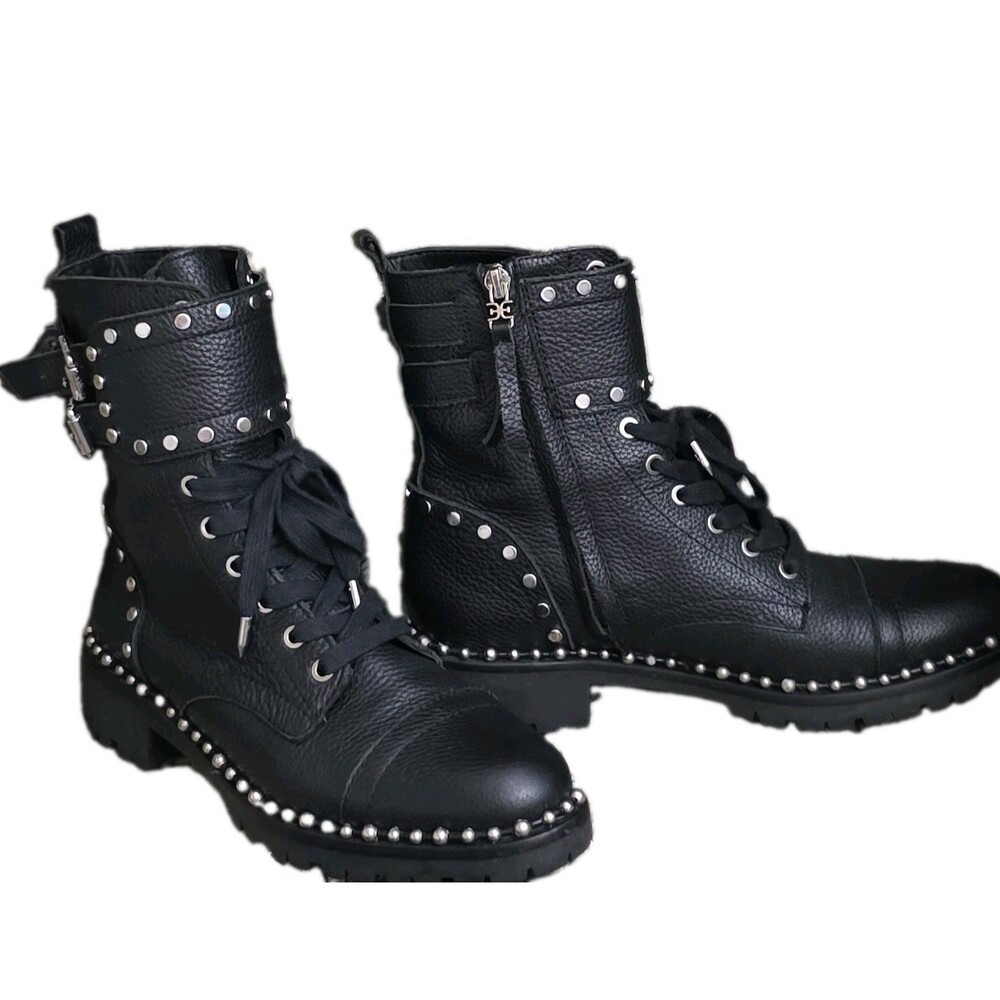 Sam Edelman 6.5 Studded Combat Boot Blk Leather Buckle Edgy Punk Goth Lug Bootie